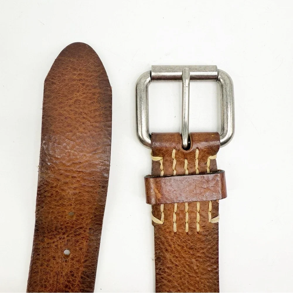 Genuine Leather Burnished Brown Belt with Rectangular Silver Buckle, Size 32